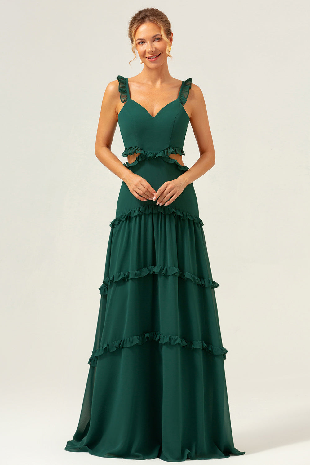 Dark Green A-Line Chiffon Ruffled Long Bridesmaid Dress with Hollow Out