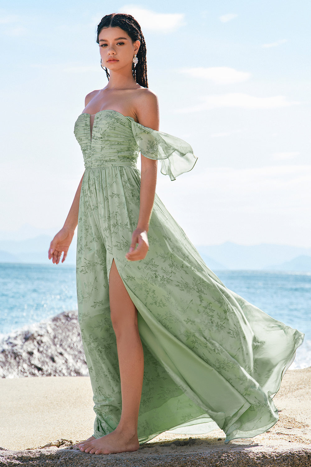 Dusty Sage A-Line Off Shoulder Print Long Bridesmaid Dress with Slit