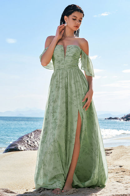 Dusty Sage A-Line Off Shoulder Print Long Bridesmaid Dress with Slit