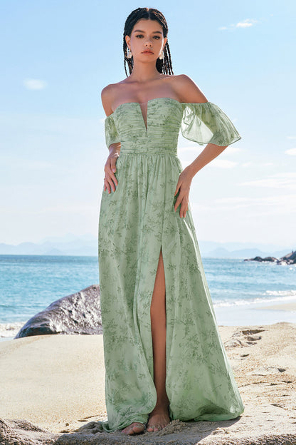 Dusty Sage A-Line Off Shoulder Print Long Bridesmaid Dress with Slit