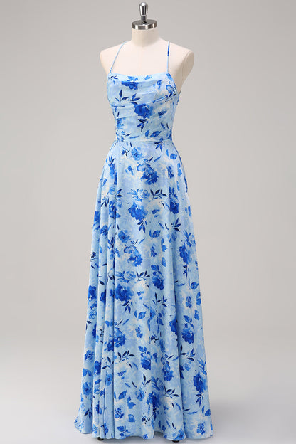 Blue A-Line Floral Spaghetti Straps Long Bridesmaid Dress with Slit