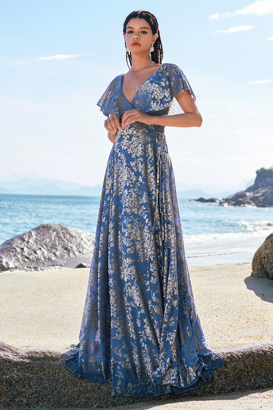 Grey Blue A-Line V Neck Burnout Velvet Printed Long Bridesmaid Dress