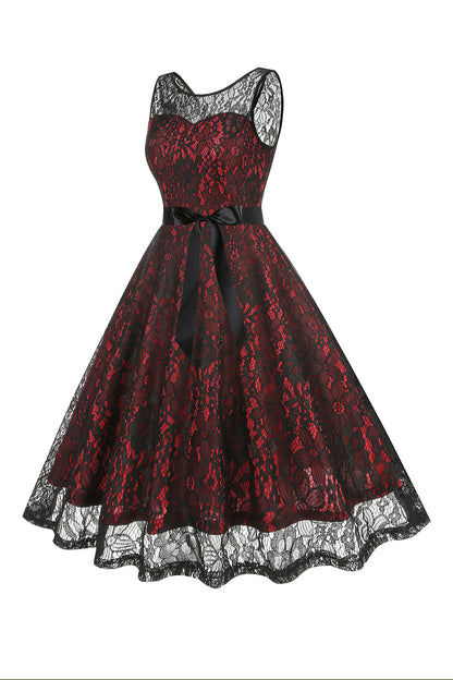 Burgundy A Line Lace Sleeveless 1950s Vintage Dress