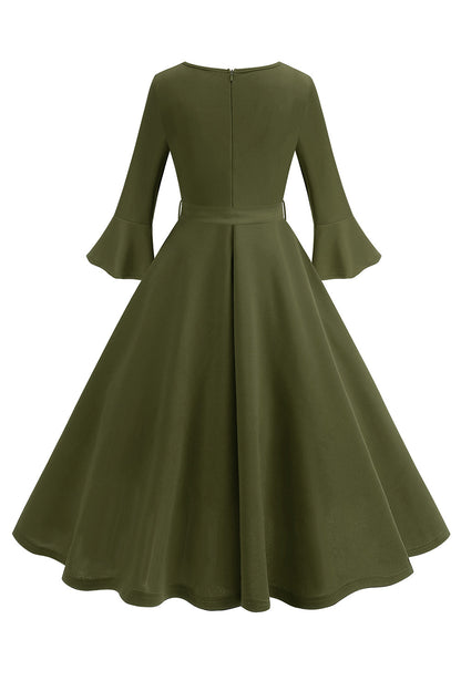 Dark Green Round Neck Pleated Long Sleeves 1950s Vintage Dress