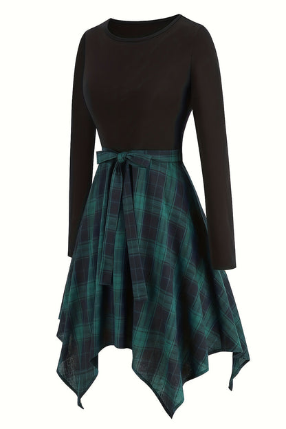 Black Round Neck Plaid Splicing Long Sleeve Irregular Hem Vintage Dress