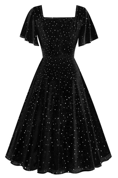 Dark Green Dotted Velvet Square Neck Flying Sleeve Midi Vintage Dress