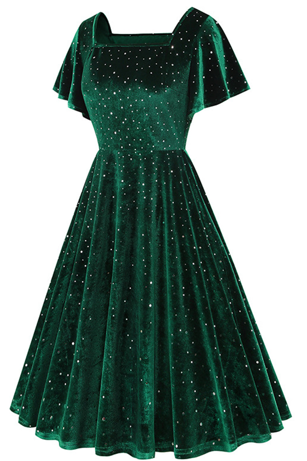 Dark Green Dotted Velvet Square Neck Flying Sleeve Midi Vintage Dress