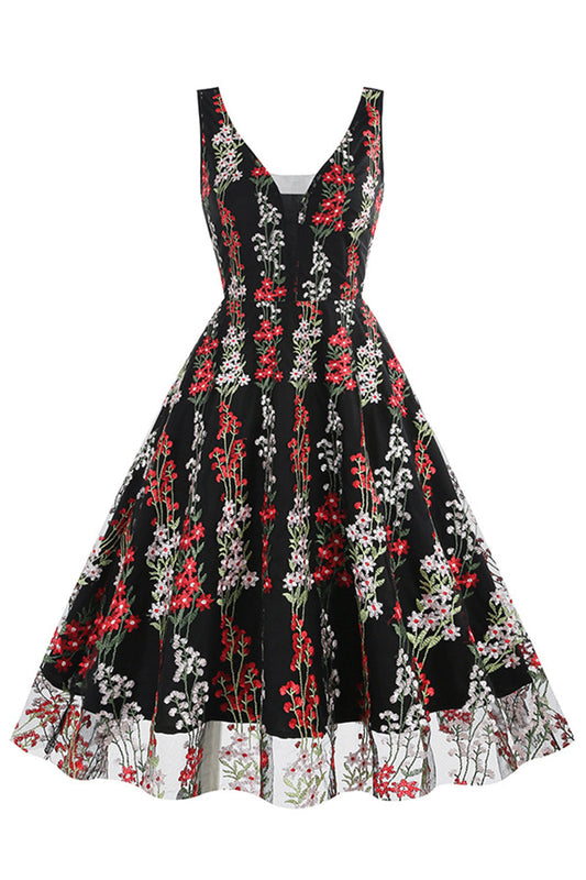 Black Floral Lace Embroidery Sleeveless Elegant Vintage Dress