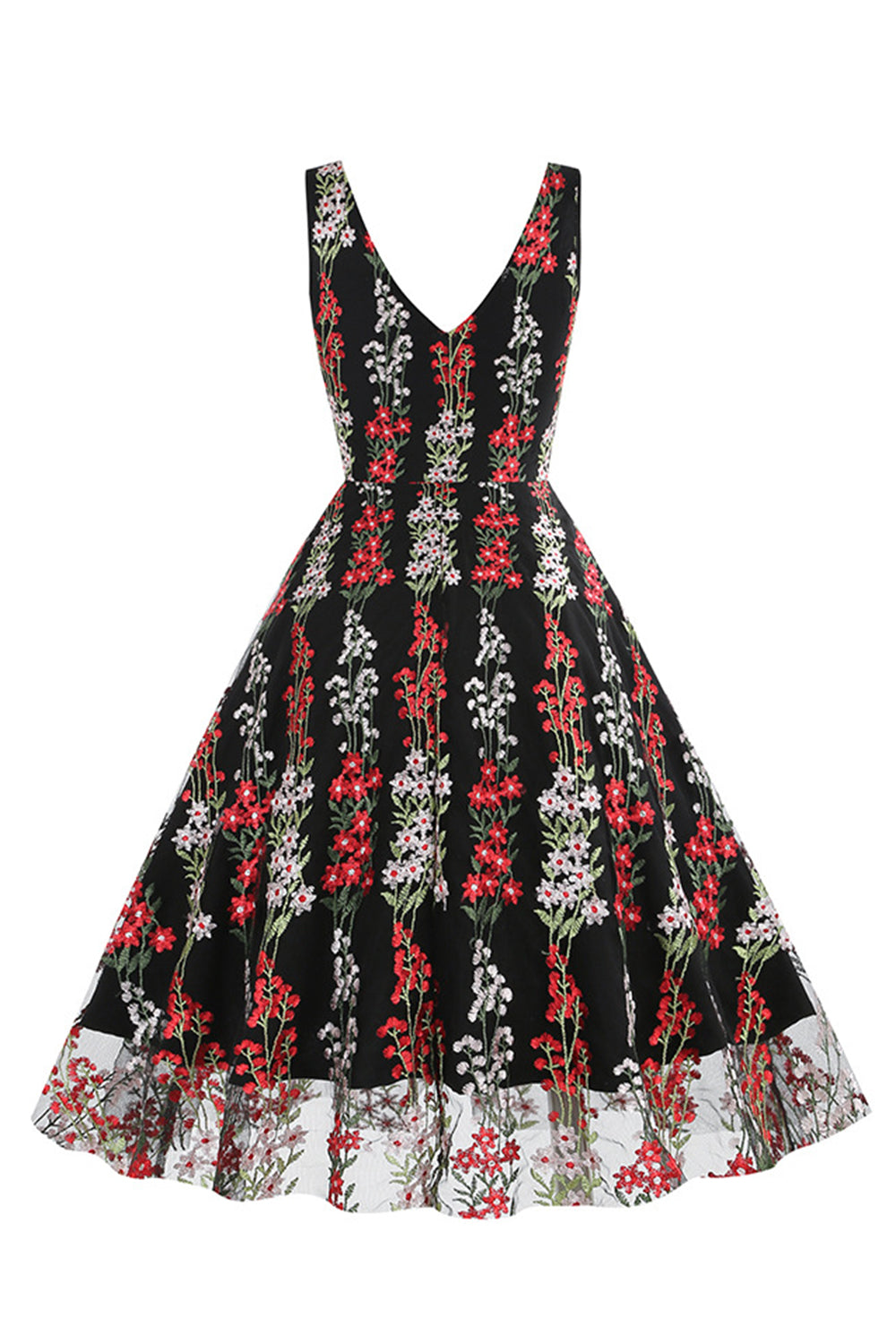 Black Floral Lace Embroidery Sleeveless Elegant Vintage Dress