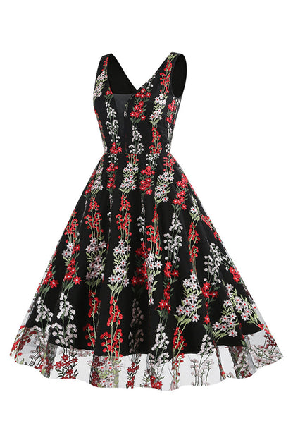 Black Floral Lace Embroidery Sleeveless Elegant Vintage Dress