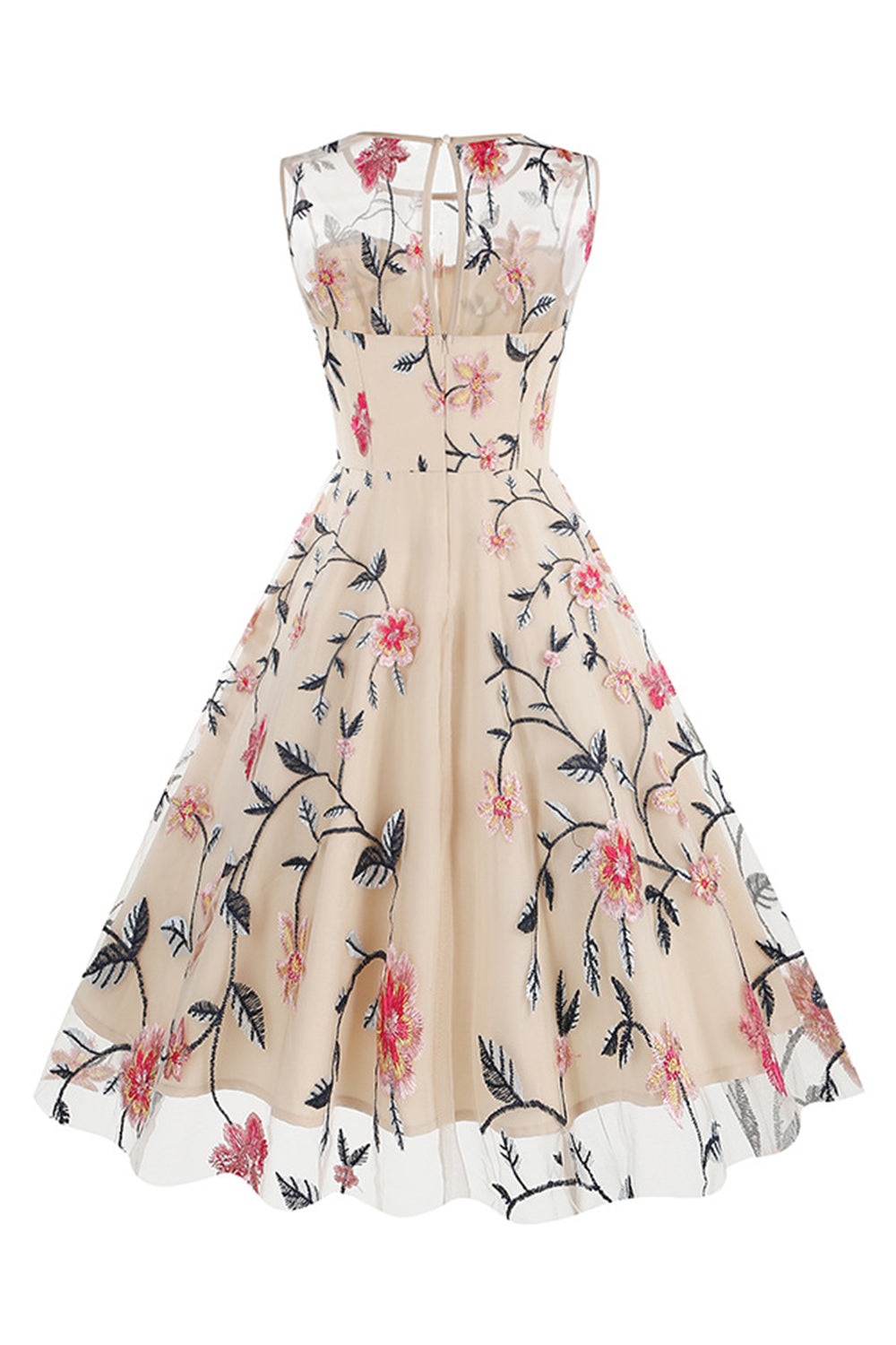 Apricot Elegant Floral Embroidered Sleeveless Midi Vintage Dress