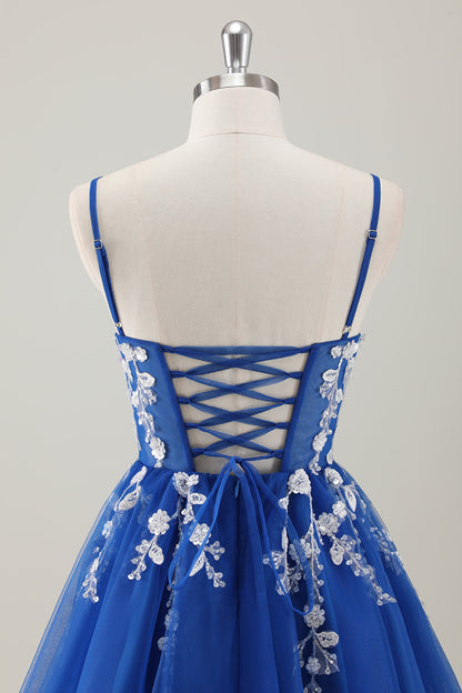 Royal Blue Spaghetti Straps Short Homecoming Dress with Appliques