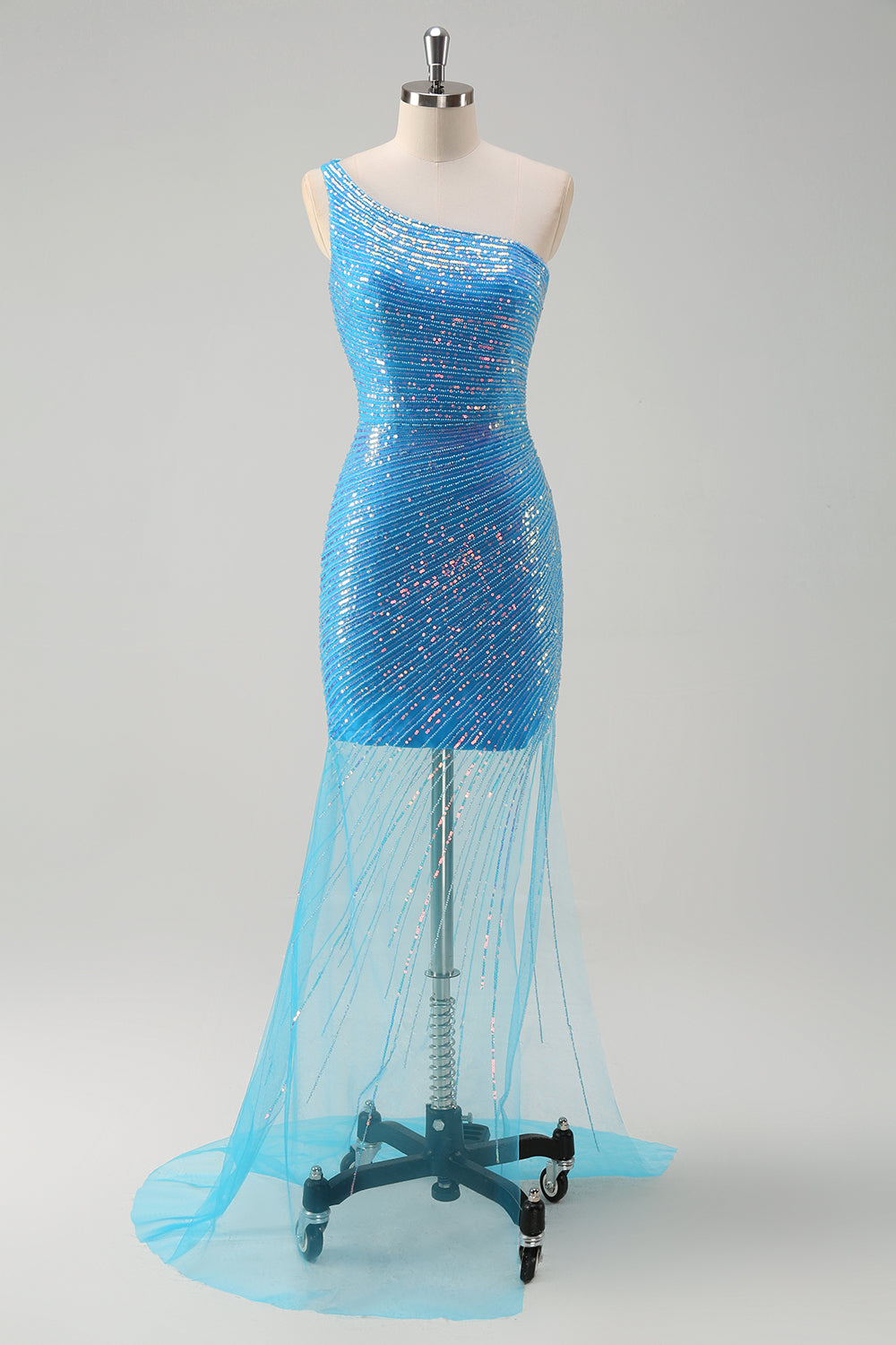 Sparkly Sequins Blue Bodycon One Shoulder Short Cocktail Dress