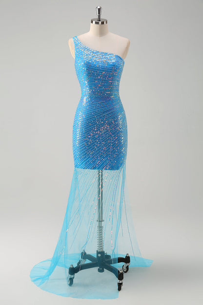 Sparkly Sequins Blue Bodycon One Shoulder Short Cocktail Dress