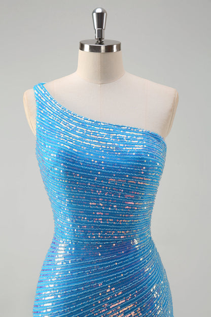 Sparkly Sequins Blue Bodycon One Shoulder Short Cocktail Dress