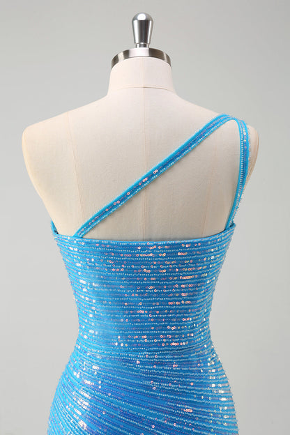 Sparkly Sequins Blue Bodycon One Shoulder Short Cocktail Dress