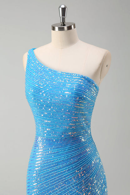 Sparkly Sequins Blue Bodycon One Shoulder Short Cocktail Dress