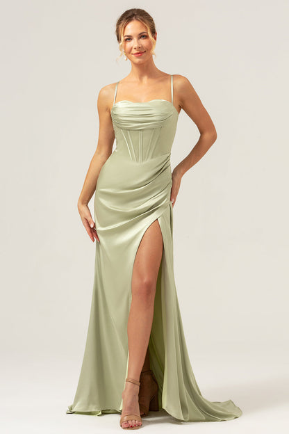 Sage Mermaid Spaghetti Straps Corset Satin Bridesmaid Dress with Slit