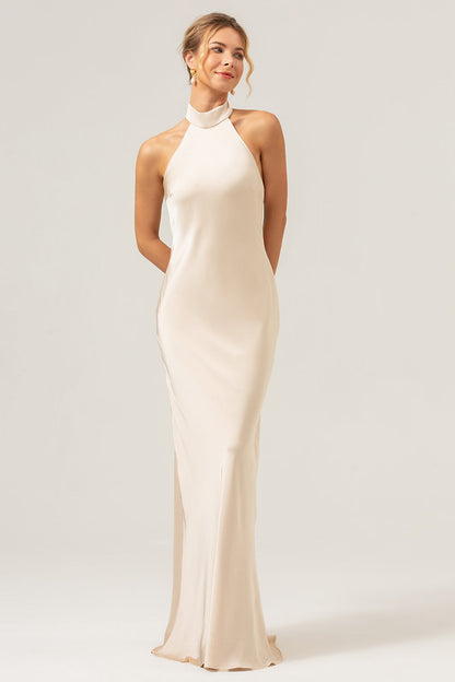 Champagne Sheath Halter Long Bridesmaid Dress With Slit