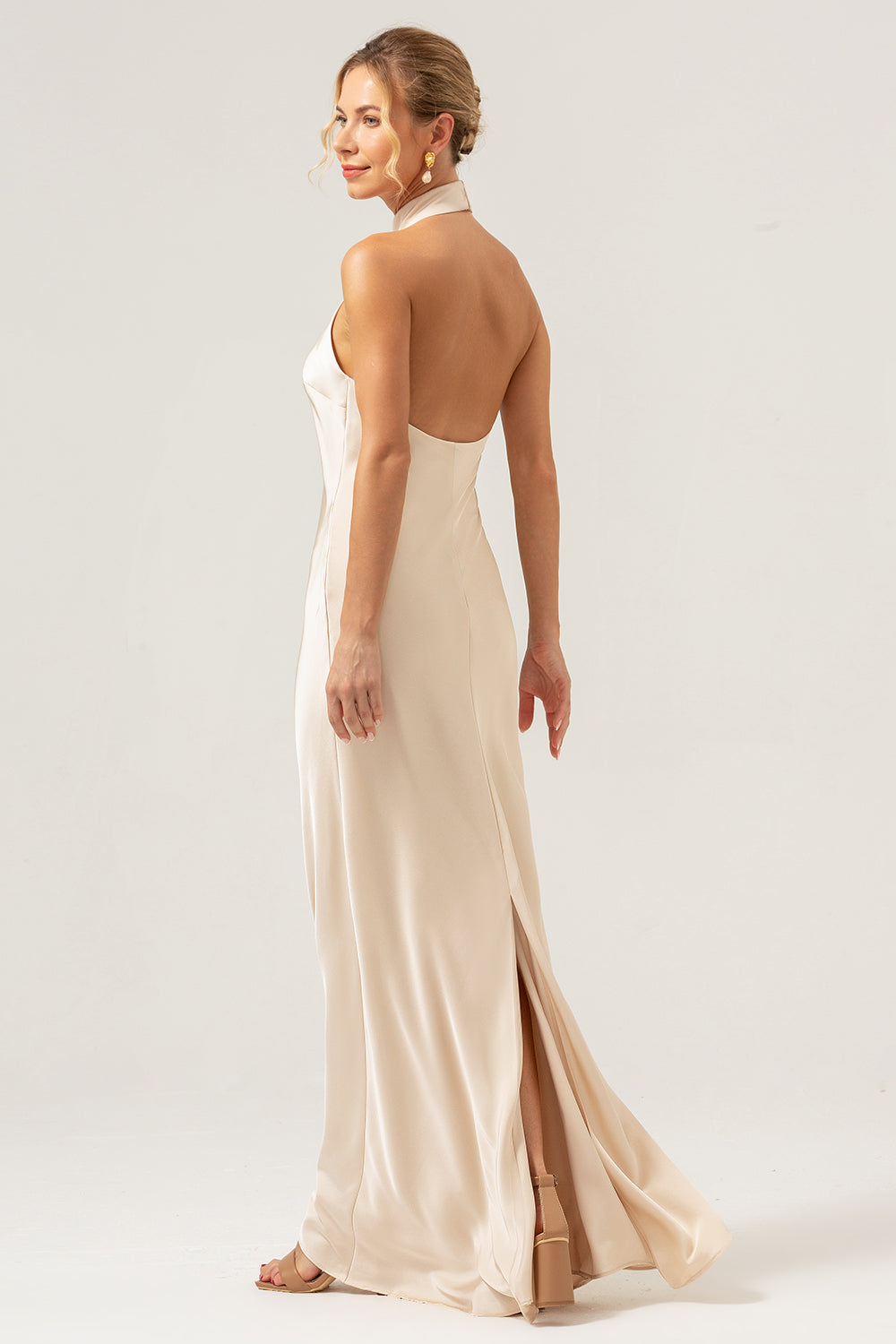 Champagne Halter Mermaid Bridesmaid Dress with Slit