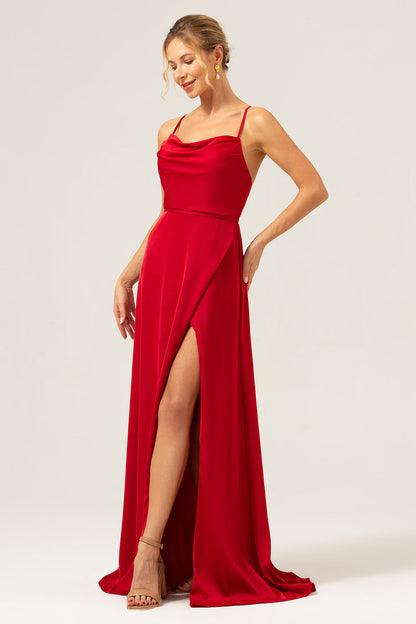 Burgundy A Line Spaghetti Straps Backless Satin Long Bridesmaid Dress with Slit