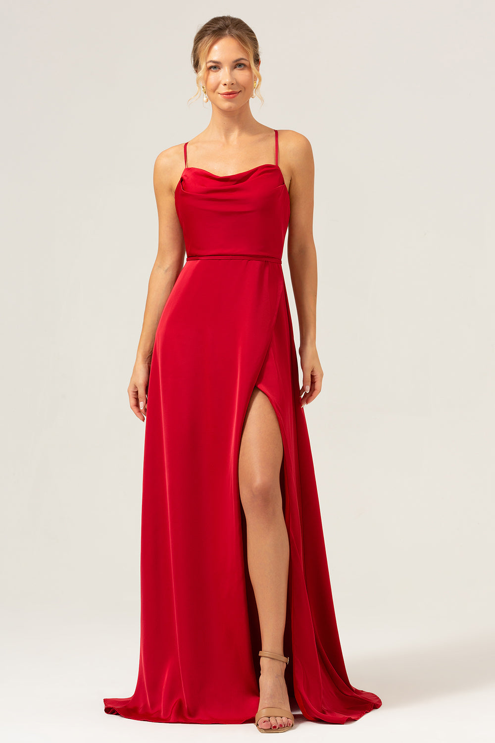 Burgundy Spaghetti Straps A-Line Bridesmaid Dress with Slit