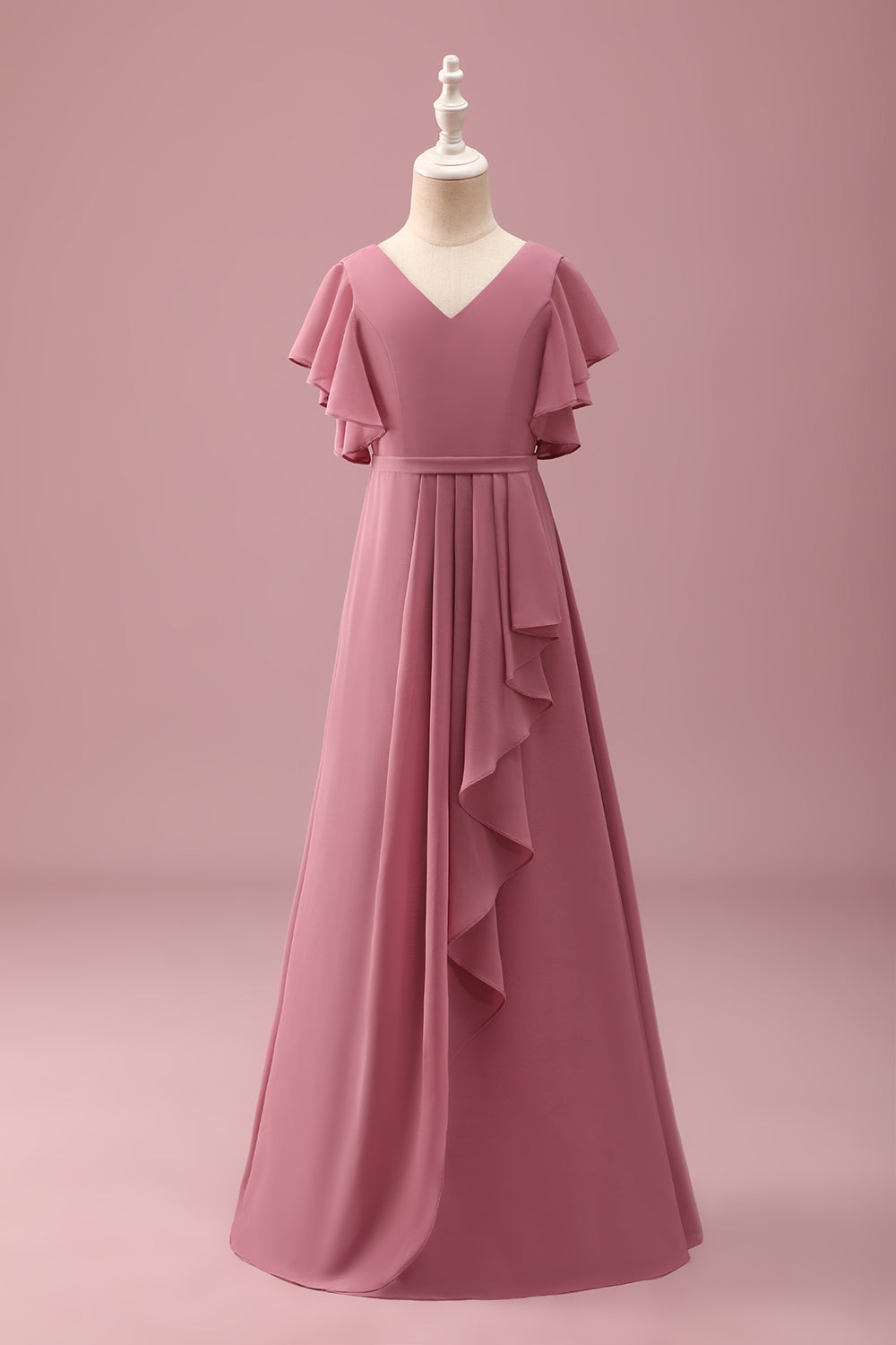 Desert Rose Chiffon Batwing Sleeves A Line Ruffled Junior Bridesmaid Dress