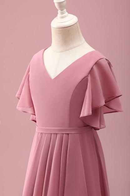 Desert Rose Chiffon Batwing Sleeves A Line Ruffled Junior Bridesmaid Dress