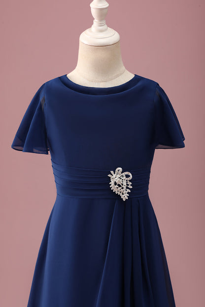 Navy Round Neck A Line Junior Bridesmaid Dress With Short Sleeves