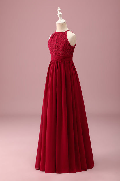 Burgundy A Line Round Neck Sleeveless Junior Bridesmaid Dress