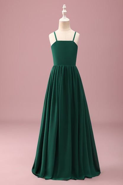 Dark Green A Line Ruched Spaghetti Straps Junior Bridesmaid Dress