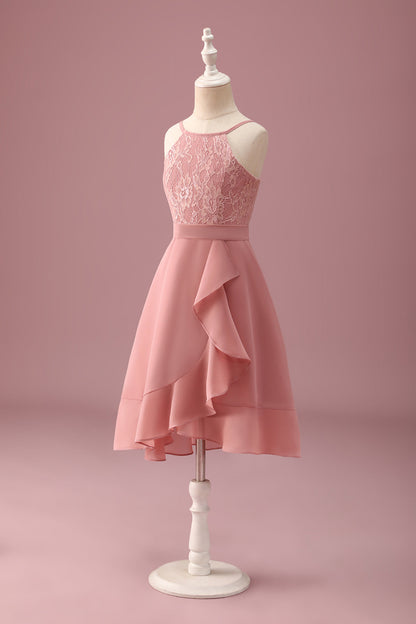 Blush Halter Neck A-Line Chiffon Junior Bridesmaid Dress with Ruffles