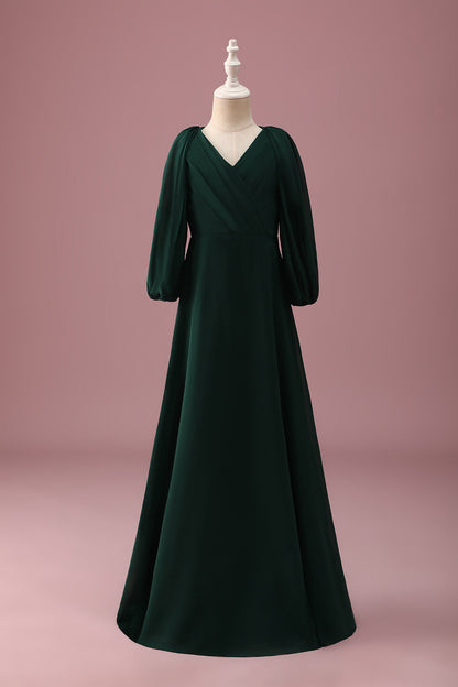 Pine Green A-Line V-Neck Chiffon Junior Bridesmaid Dress with Long Sleeves