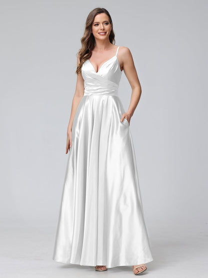 A-Line/Princess V-Neck Sleeveless Ankle-Length Silk Satin Bridemaid Dresses with Pockets & Split Side