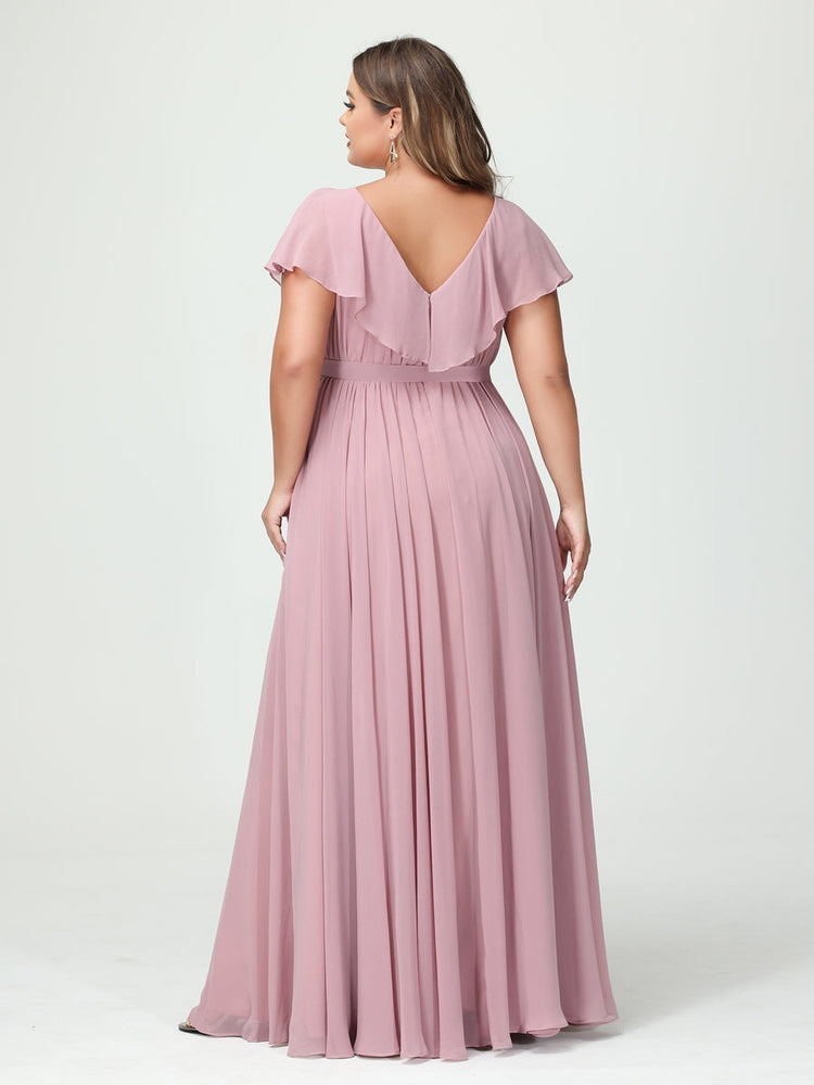 A-Line/Princess V-Neck Short Sleeves Chiffon Plus Size Bridesmaid Dresses With Pockets,Ruffles  ,Ruched & Split Side