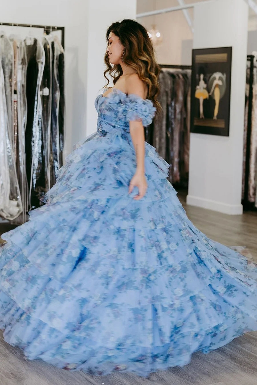 Sigourney | Blue Floral Tiered A-Line Long Prom Dress with Ruffles