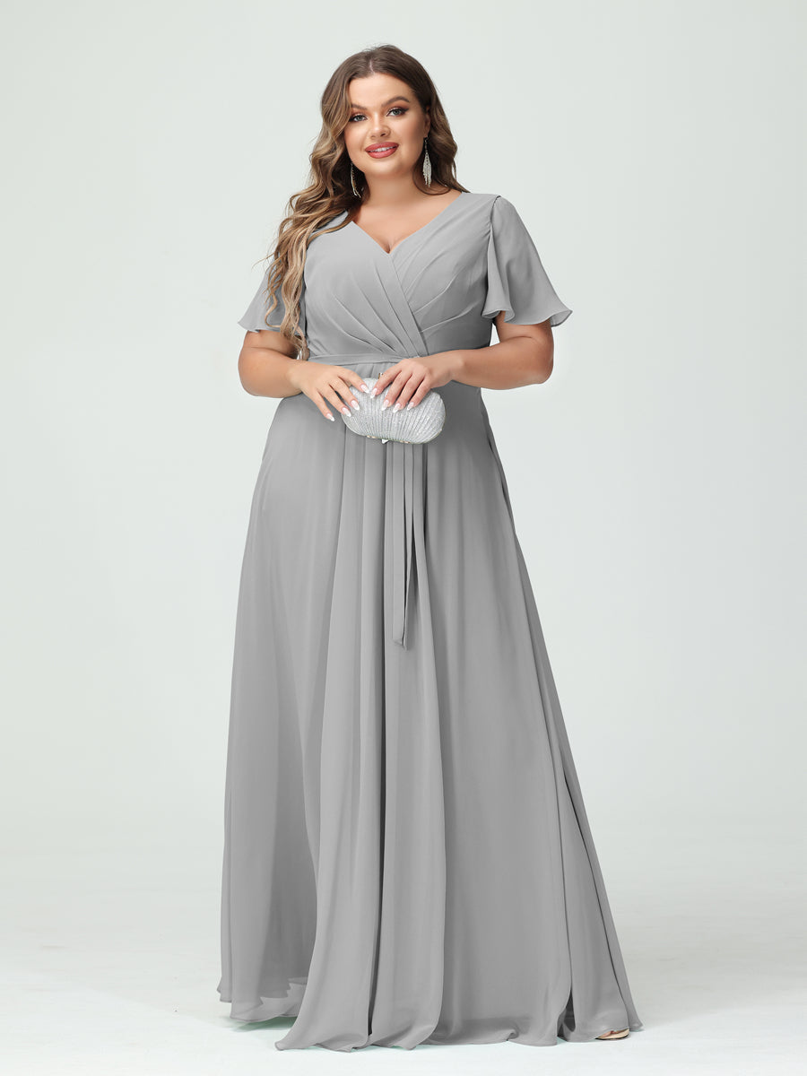 A-Line/Princess V-Neck Short Sleeves Plus Size Bridesmaid Dresses with Pockets Belt & Split Side