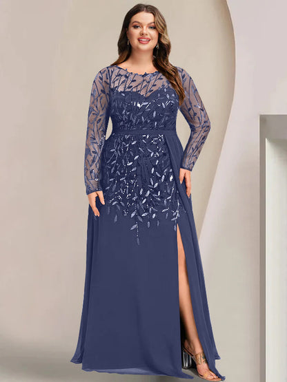 A-Line/Princess Scoop Long Sleeves Floor-Length Plus Size Mother of the Bride Dresses with Split Side, Ruffles & Sequins