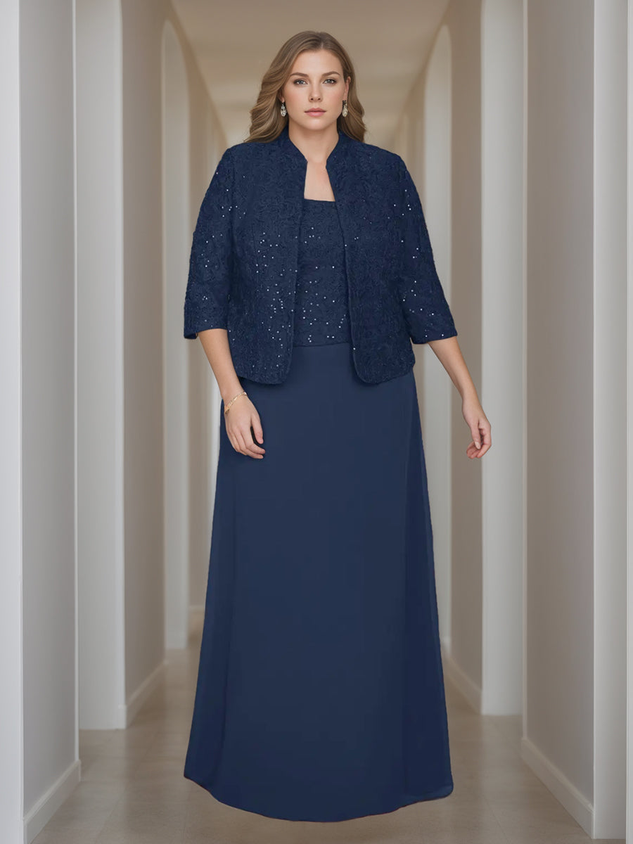 Sheath/Column 2 Pieces Square Neck 3/4 Length Sleeves Floor-Length Mother of the Bride Dresses with Jacket, Lace & Sequins