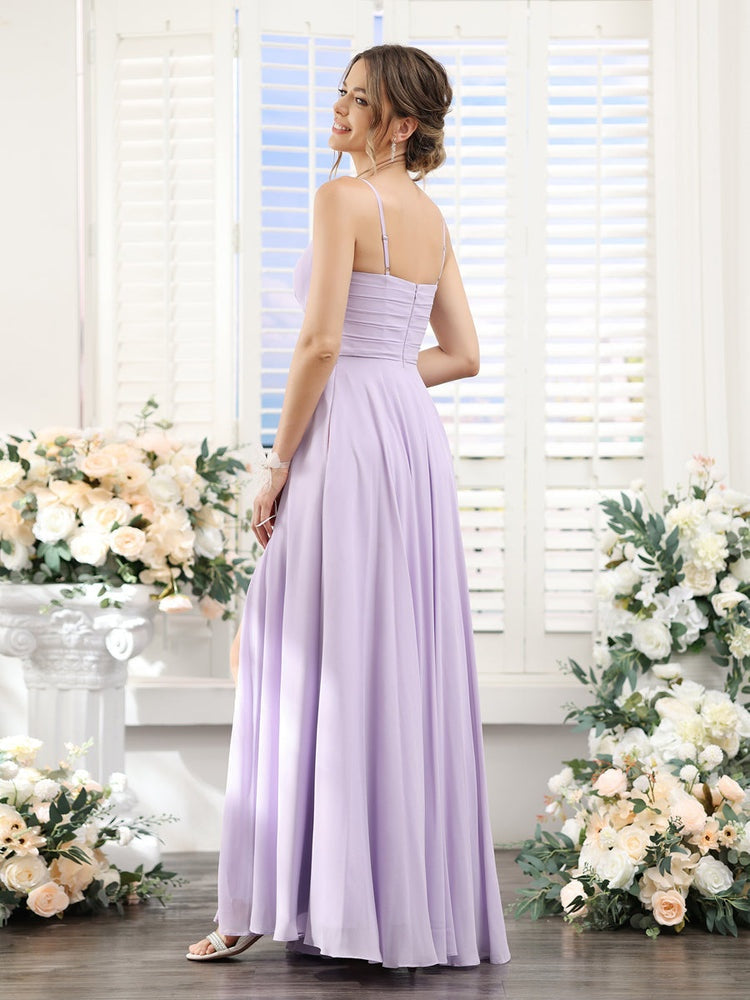 A-Line/Princess V-Neck Spaghetti Straps Sleeveless Floor-Length Chiffon Bridesmaid Dresses with Split Side