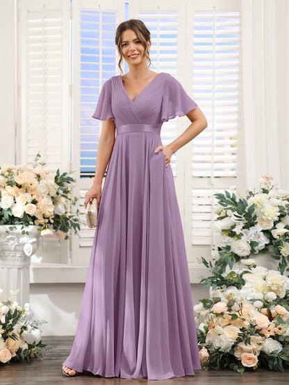 A-Line/Princess V-Neck Short Sleeves Chiffon Bridesmaid Dresses with Pockets