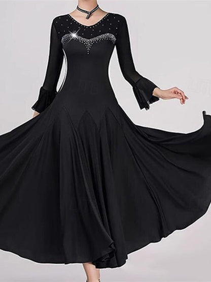 Women's Dancewear Ballroom Dance Dress Pure Color Splicing Crystals/Rhinestones Women's Performance  Long Sleeve