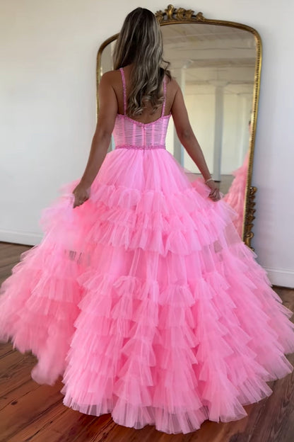 Tiered Ruffle Sweetheart Beaded Long Prom Dress