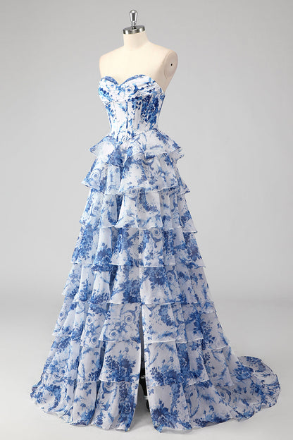 Blue White Flower A-Line Sweetheart Tiered Long Prom Dress with Slit