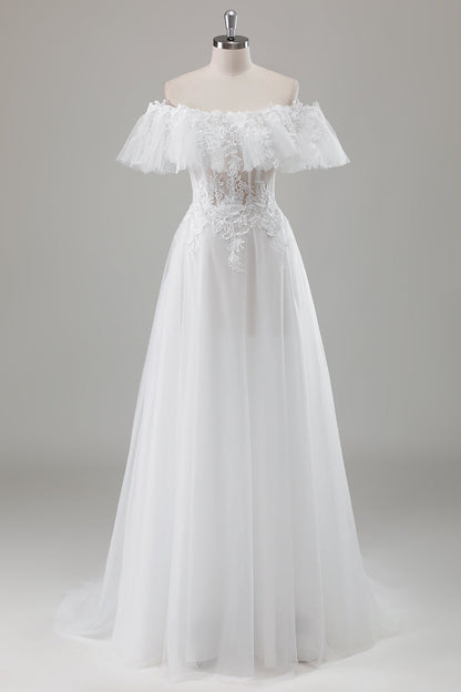 Ivory Off the Shoulder A-Line Wedding Dress with Appliqued Lace