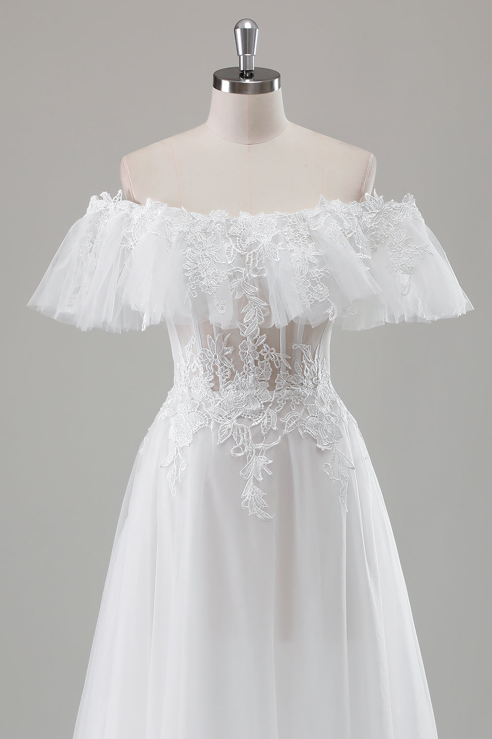 Ivory Off the Shoulder A-Line Wedding Dress with Appliqued Lace