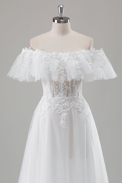 Ivory Off the Shoulder A-Line Wedding Dress with Appliqued Lace