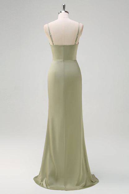 Sage Mermaid Spaghetti Straps Ruched Satin Bridesmaid Dress with Slit