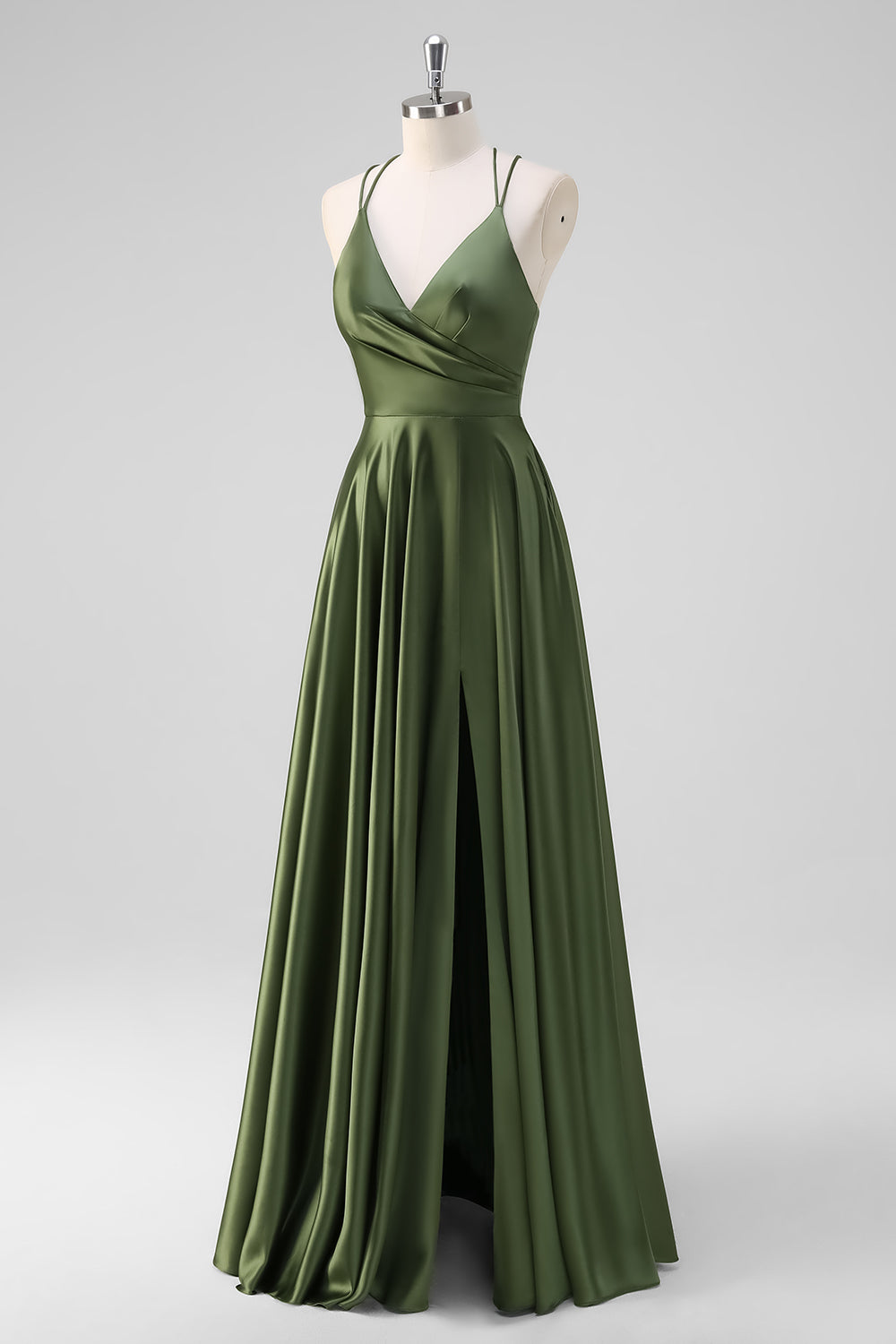 Olive A-Line Spaghetti Straps Ruched Long Satin Bridesmaid Dress