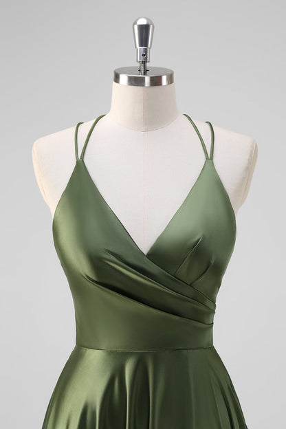 Olive A-Line Spaghetti Straps Ruched Long Satin Bridesmaid Dress